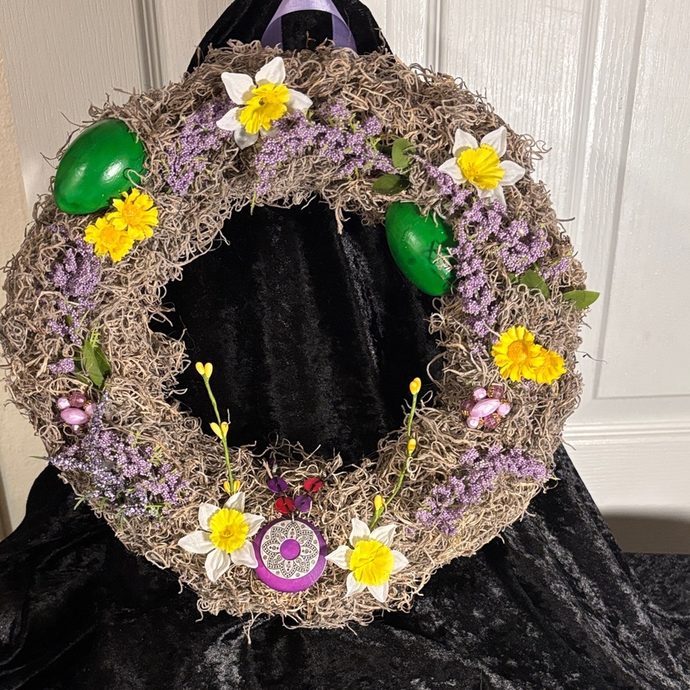 Charming Spring Wreath with Yellow and Purple Blooms